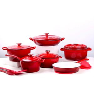 Luxury Premium Modern Design Enamel Cast Iron Cookware High Quality Metal Pans Casserole Set - Red