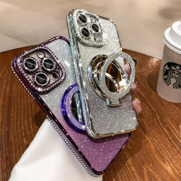Luxury Premium Plating Flash Mirror Holder Stand Diamond Frame Case Cover For iPhone Series - Image 15