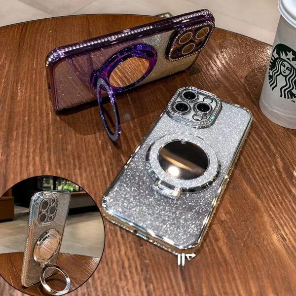 Luxury Premium Plating Flash Mirror Holder Stand Diamond Frame Case Cover For iPhone Series - Image 16