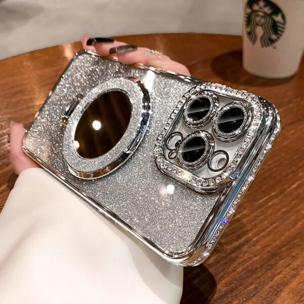 Luxury Premium Plating Flash Mirror Holder Stand Diamond Frame Case Cover For iPhone Series - Image 22