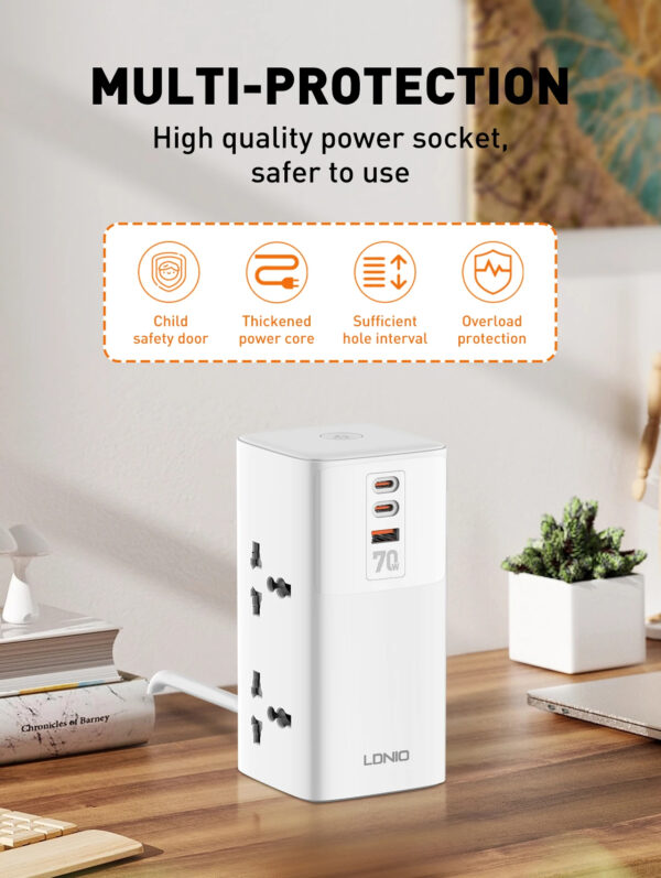 LDNIO 7 in 1 Tower Extension 70W Power Charging Socket Station Extension Cord - Image 14
