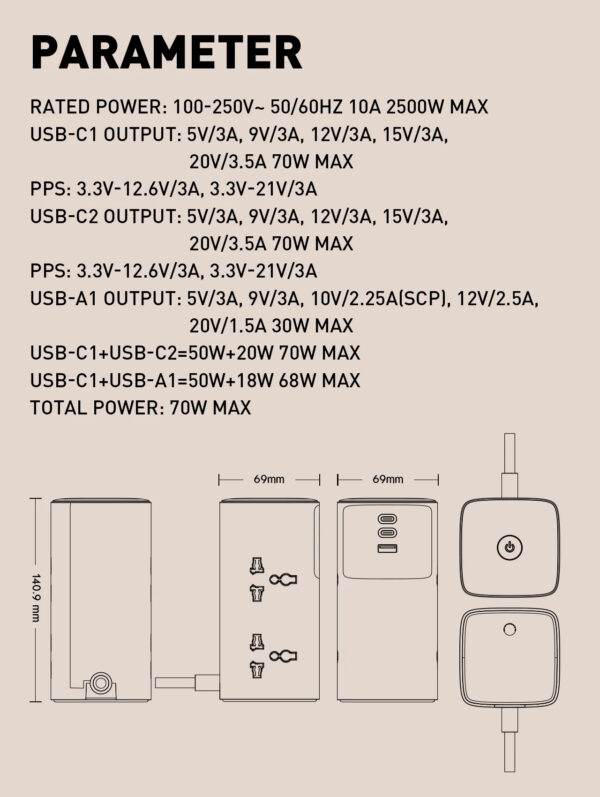 LDNIO 7 in 1 Tower Extension 70W Power Charging Socket Station Extension Cord - Image 16