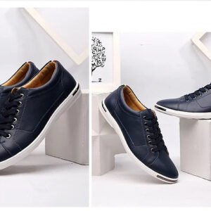Luxury Premium Leather Simple Designer Breathable Classic Lace-up Sneakers Shoes - Black