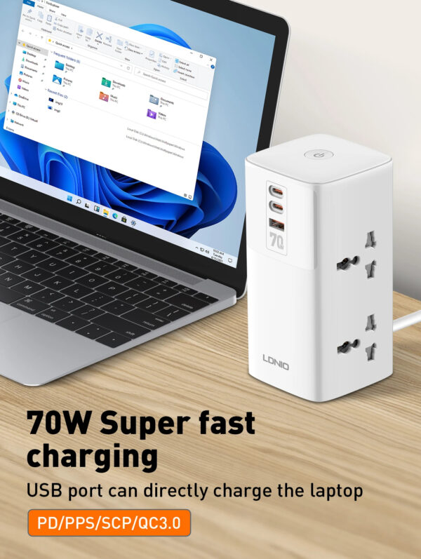 LDNIO 7 in 1 Tower Extension 70W Power Charging Socket Station Extension Cord - Image 3