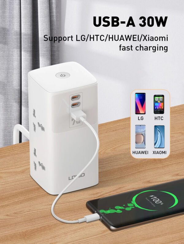 LDNIO 7 in 1 Tower Extension 70W Power Charging Socket Station Extension Cord - Image 6