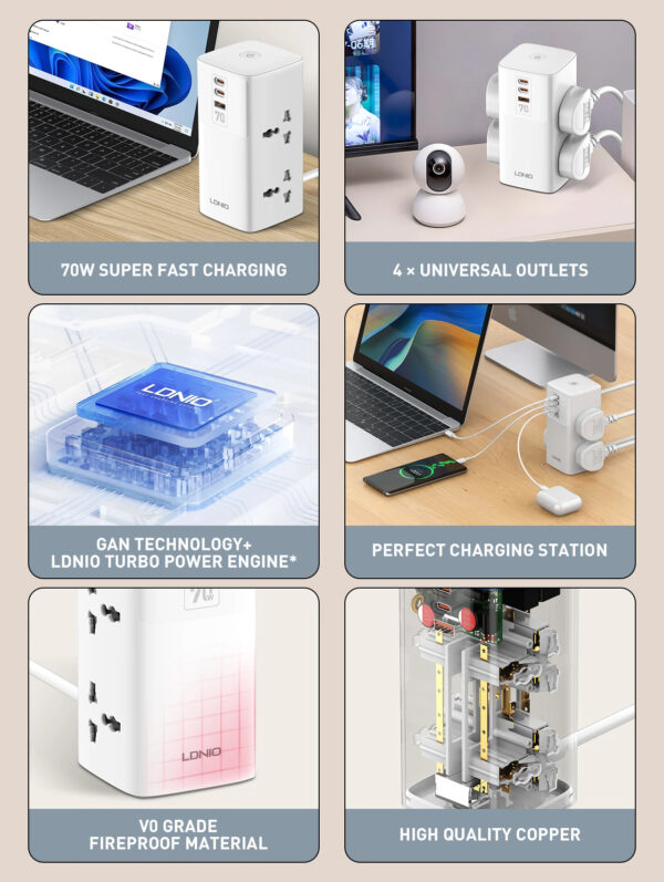 LDNIO 7 in 1 Tower Extension 70W Power Charging Socket Station Extension Cord - Image 18