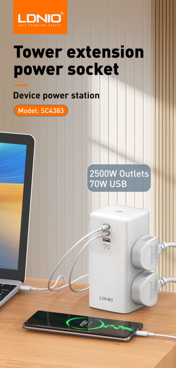 LDNIO 7 in 1 Tower Extension 70W Power Charging Socket Station Extension Cord - Image 19