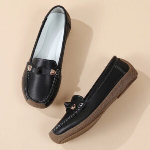 Luxury Premium Mocasines Slip on PU Leather High Quality Loafers Women Shoes - Black