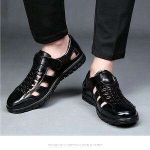 New Summer Genuine Leather Casual Wear-Resistant Hollow Skin Men's Sandals - Black