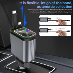 4 in1 Retractable Car Charger with USB Roof Star Type-C Cable Fast Charging Cigarette Lighter Adapter