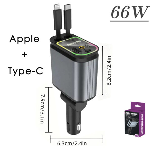 4 in1 Retractable Car Charger with USB Roof Star Type-C Cable Fast Charging Cigarette Lighter Adapter - Image 16