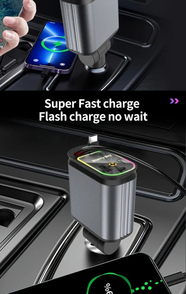 4 in1 Retractable Car Charger with USB Roof Star Type-C Cable Fast Charging Cigarette Lighter Adapter - Image 5