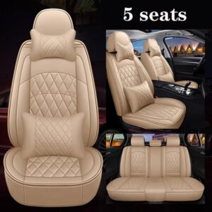 Luxury Premium All Season Quited PU Leather Waterproof Universal 5 Seater Fit Sedan Car Seat Cover with Pillows - Beige