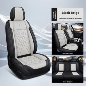 Luxury Premium All Season Quited PU Leather Waterproof Universal 5 Seater Fit Sedan Car Seat Cover with Pillows - Black Beige