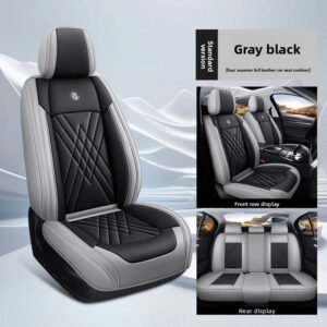 Luxury Premium All Season Quited PU Leather Waterproof Universal 5 Seater Fit Sedan Car Seat Cover with Pillows - Black Grey