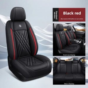 Luxury Premium All Season Quited PU Leather Waterproof Universal 5 Seater Fit Sedan Car Seat Cover with Pillows - Black Red