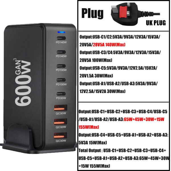 600W GaN USB C Charger 8 port Desktop Charging Station PD3.0 USB Type C Fast Charger - Image 10
