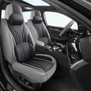 Luxury Premium Full Set 5 Seater Universal Full-Enclosed PU Leather Waterproof Cushion Car Seat Covers - Black Grey