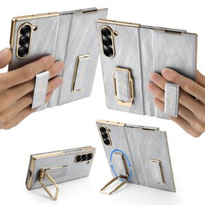 Luxury Premium Oatsbasf Dual Strap Leather with Metal Stand 360° Rotatable Shockproof Case Cover For Z Fold 6 - Silver