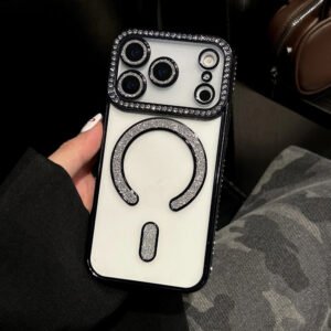 Luxury Premium Plating Flash Diamond Soft Clear Shell for Mag-safe Full Camera Fundas Case Cover For iPhone 17 Pro Max - Black