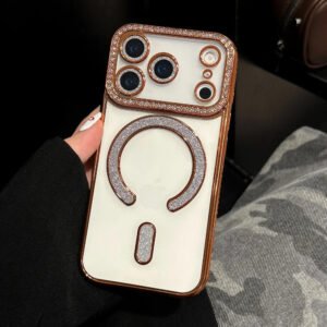 Luxury Premium Plating Flash Diamond Soft Clear Shell for Mag-safe Full Camera Fundas Case Cover For iPhone 17 Pro Max - Gold