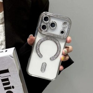 Luxury Premium Plating Flash Diamond Soft Clear Shell for Mag-safe Full Camera Fundas Case Cover For iPhone 17 Pro Max - Silver