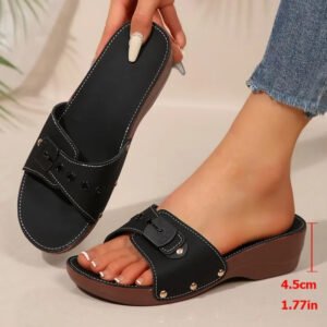 Luxury Soft Wedges Adjustable Belt Thick Heeled Sandalias Summer Slippers Sandals  For Women - Black