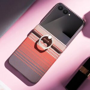 Luxury Premium Carbon Fiber Texture Finger Ring With Tempered Glass Hinge Hard Case Cover Cover For Samsung Z Flip 5/Z Flip 6