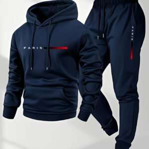 Paris Letter Printed Sweatshirt Wool Hooded Sweatshirt Pants Set Spring and Autumn Winter Warm Casual Sportswear Set - Dark Blue
