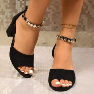 New Korean Style Beaded Peep-Toe High Heels One-Strap Chunky Heel Closed-Toe Women's Shoes