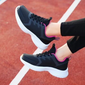 Waterproof Leather Chunky Casual Sports Sneakers Flat Shoes - Black Red