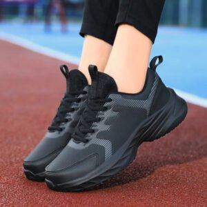 Waterproof Leather Chunky Casual Sports Sneakers Flat Shoes - Black