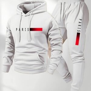 Paris Letter Printed Sweatshirt Wool Hooded Sweatshirt Pants Set Spring and Autumn Winter Warm Casual Sportswear Set - White