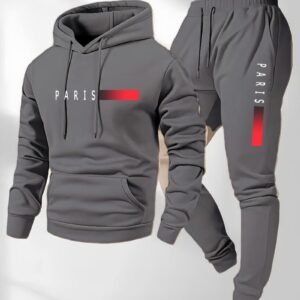 Paris Letter Printed Sweatshirt Wool Hooded Sweatshirt Pants Set Spring and Autumn Winter Warm Casual Sportswear Set - Grey
