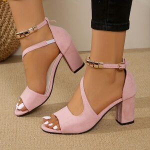 New Korean Style Beaded Peep-Toe High Heels One-Strap Chunky Heel Closed-Toe Women's Shoes - Pink