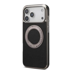 Luxury Premium Luxury Magnetic Ring Stand Pu Leather Air Plating Wireless Charging for Magsafe Case Cover For iPhone 17 Pro Max - Black