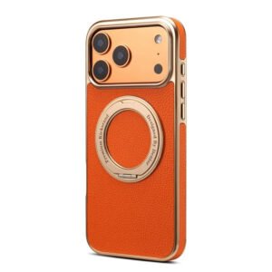 Luxury Premium Luxury Magnetic Ring Stand Pu Leather Air Plating Wireless Charging for Magsafe Case Cover For iPhone 17 Pro Max - Orange
