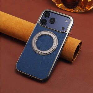 Luxury Premium Luxury Magnetic Ring Stand Pu Leather Air Plating Wireless Charging for Magsafe Case Cover For iPhone 17 Pro Max - Dark Blue