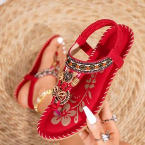 Bohemian Beaded Rhinestone Slip-On Flat Sandals - Red