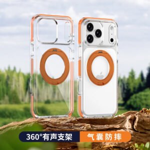 Luxury Premium Military-Grade Drop-Proof 360° Rotation Metal Stand Magsafe Wireless Charging Case Cover For iPhone 17 Pro Max - Orange