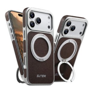 Mosinka Faux Leather Magsafe Wireless Charging 360° Rotating Stand Ring Buckle Case For iPhone 17 Pro Max - Coffee Brown