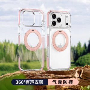 Luxury Premium Military-Grade Drop-Proof 360° Rotation Metal Stand Magsafe Wireless Charging Case Cover For iPhone 17 Pro Max - Rose Gold