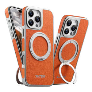 Mosinka Faux Leather Magsafe Wireless Charging 360° Rotating Stand Ring Buckle Case For iPhone Series