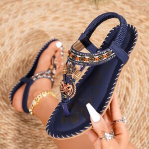 Bohemian Beaded Rhinestone Slip-On Flat Sandals - Blue
