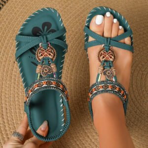 Bohemian Beaded Rhinestone Slip-On Flat Sandals - Green