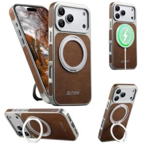 Mosinka Faux Leather Magsafe Wireless Charging 360° Rotating Stand Ring Buckle Case For iPhone 17 Pro Max - Khaki