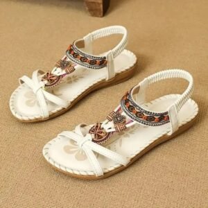 Bohemian Beaded Rhinestone Slip-On Flat Sandals - White