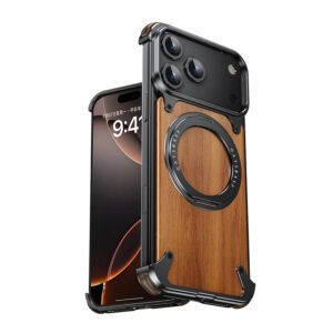 Luxury Premium Eary Natural Wood Frameless MagSafe Shockproof Case Cover For iPhone 17 Pro Max - Black