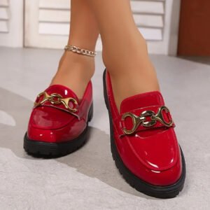 British Style Round Toe Thick Heel Versatile Flats Casual Footwear Shoes - Red