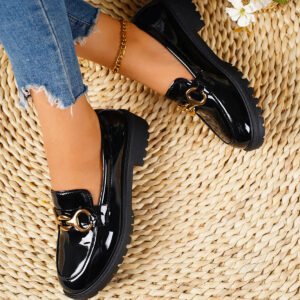 British Style Round Toe Thick Heel Versatile Flats Casual Footwear Shoes - Black